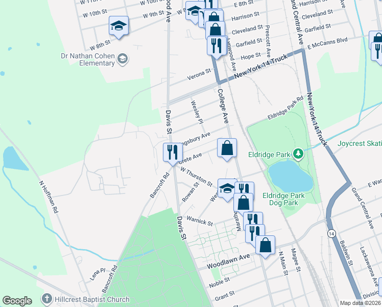 map of restaurants, bars, coffee shops, grocery stores, and more near 230 Crete Avenue in Elmira