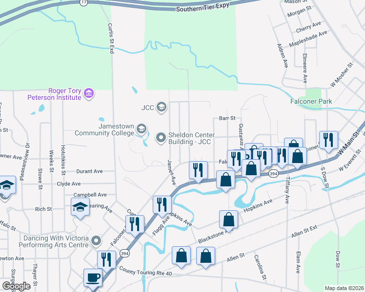 map of restaurants, bars, coffee shops, grocery stores, and more near 28 Dunn Avenue in Jamestown