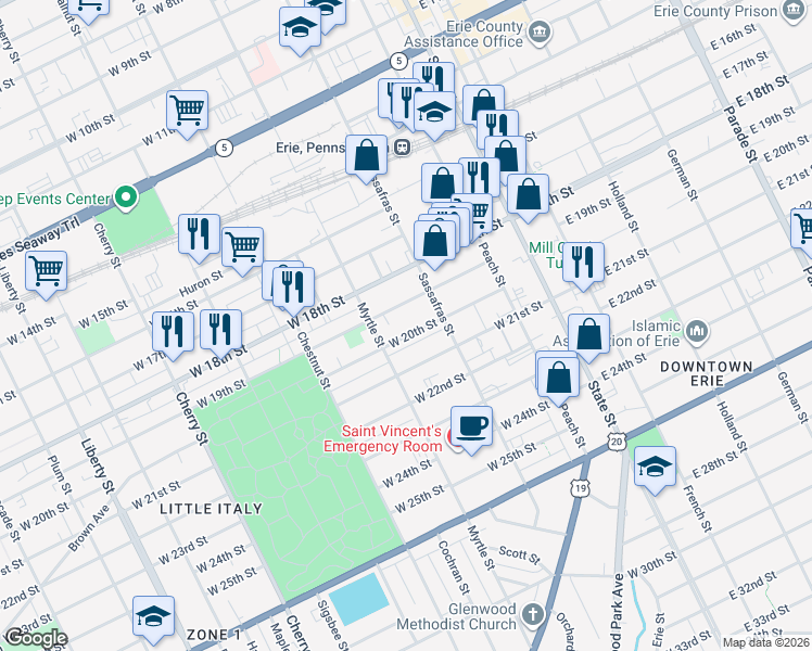 map of restaurants, bars, coffee shops, grocery stores, and more near 223 West 19th Street in Erie
