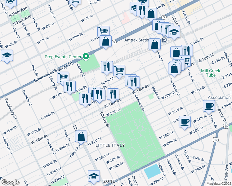 map of restaurants, bars, coffee shops, grocery stores, and more near 1621 Walnut St in Erie