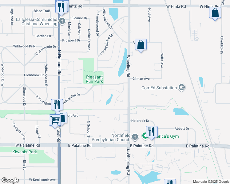 map of restaurants, bars, coffee shops, grocery stores, and more near 460 Bridle Trail in Wheeling