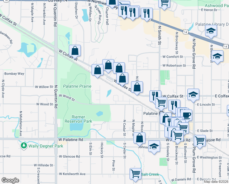 map of restaurants, bars, coffee shops, grocery stores, and more near 440 West Mahogany Court in Palatine