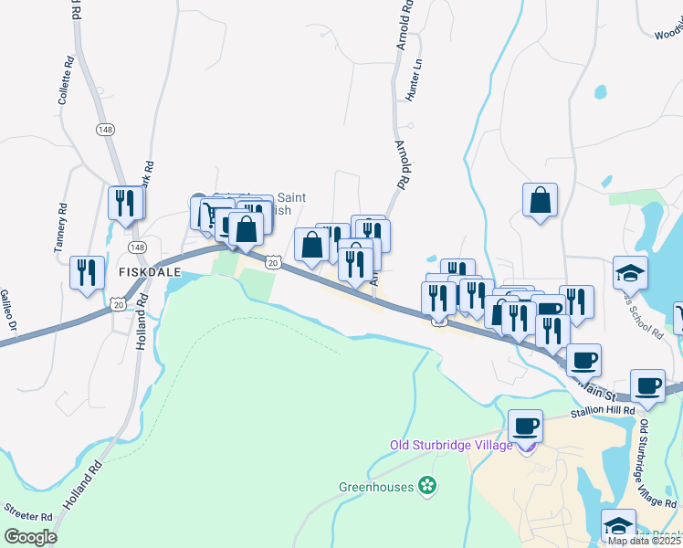 map of restaurants, bars, coffee shops, grocery stores, and more near 500 Main Street in Sturbridge