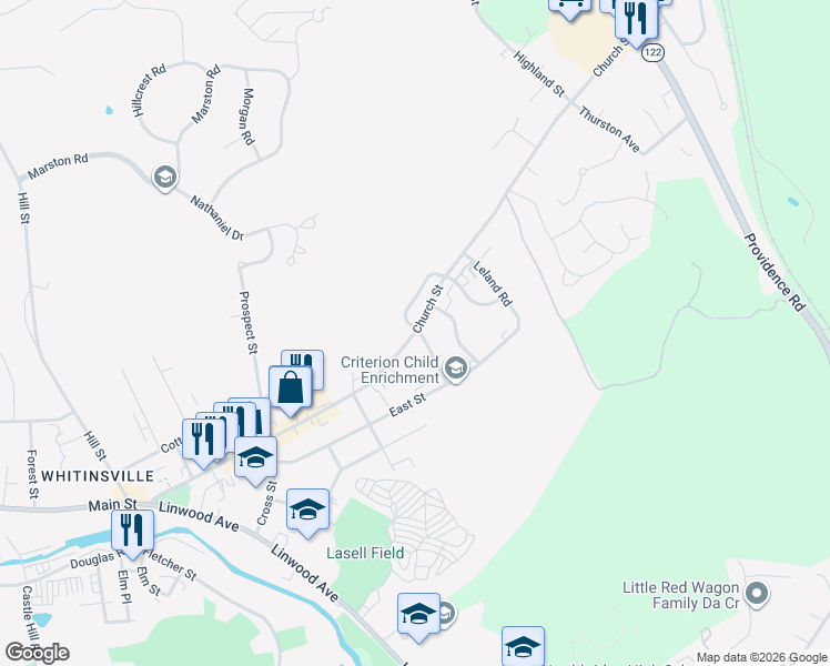 map of restaurants, bars, coffee shops, grocery stores, and more near 300 Church Street in Northbridge