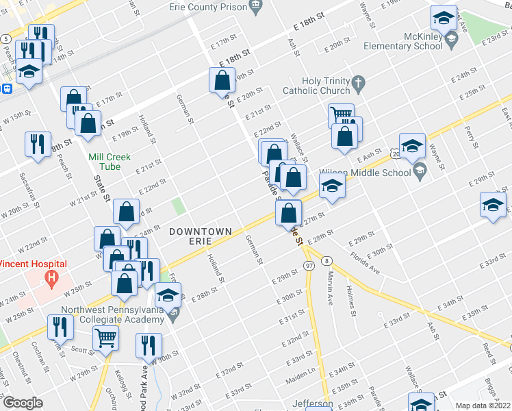 map of restaurants, bars, coffee shops, grocery stores, and more near 333 East 25th Street in Erie