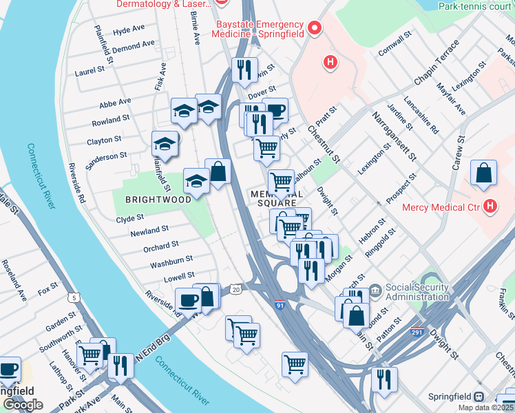 map of restaurants, bars, coffee shops, grocery stores, and more near 25 Huntington Street in Springfield