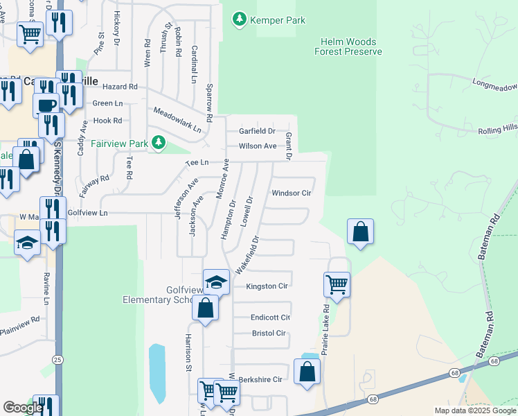 map of restaurants, bars, coffee shops, grocery stores, and more near 3104 Wakefield Drive in Carpentersville