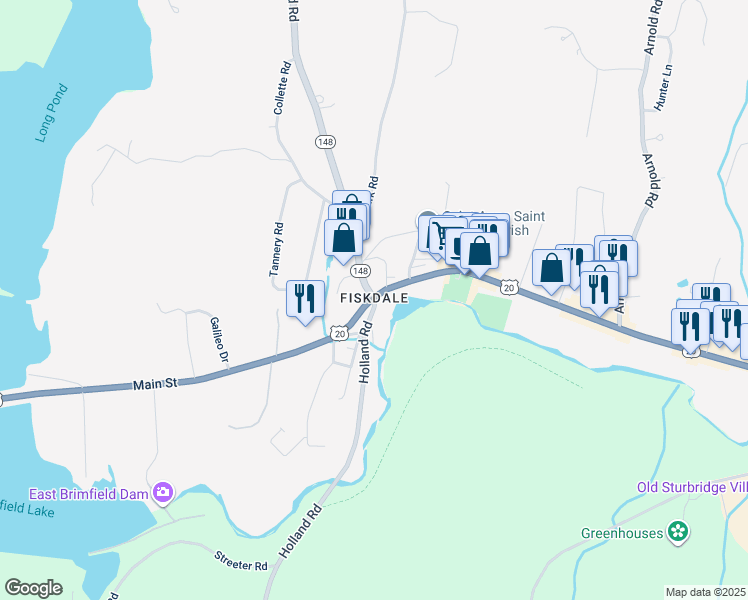 map of restaurants, bars, coffee shops, grocery stores, and more near 0 Holland Road in Sturbridge