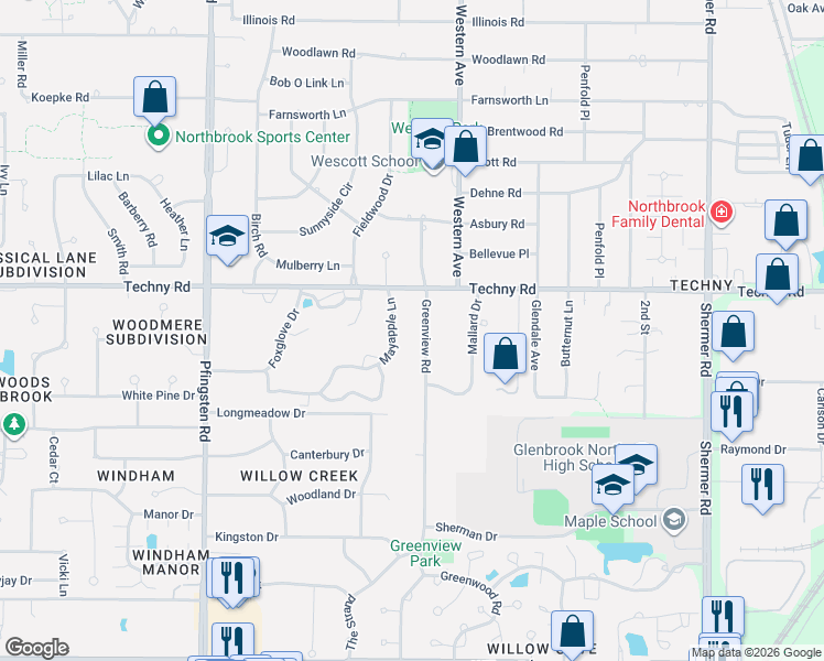 map of restaurants, bars, coffee shops, grocery stores, and more near 1825 Greenview Road in Northbrook