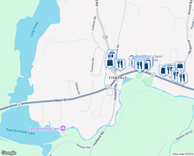 map of restaurants, bars, coffee shops, grocery stores, and more near 15 Tannery Road in Sturbridge