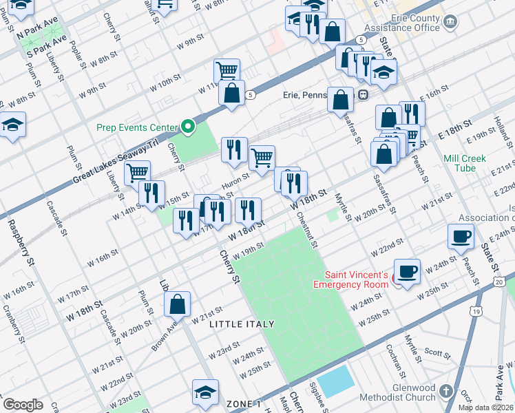 map of restaurants, bars, coffee shops, grocery stores, and more near 1621 Walnut St in Erie
