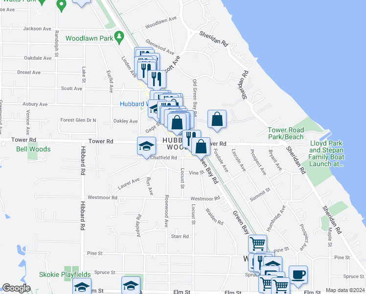 map of restaurants, bars, coffee shops, grocery stores, and more near 1000 Tower Road in Winnetka