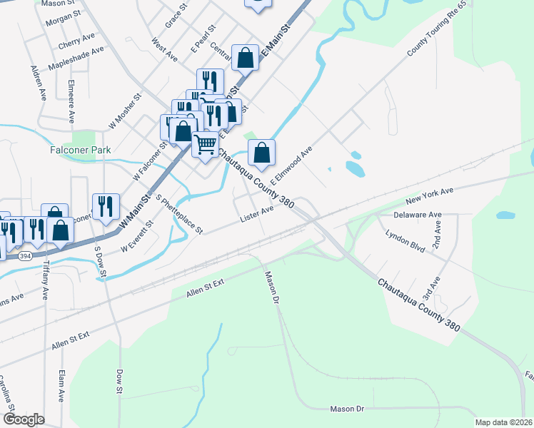 map of restaurants, bars, coffee shops, grocery stores, and more near 109 Lister Avenue in Falconer