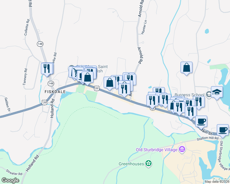map of restaurants, bars, coffee shops, grocery stores, and more near 500 Main Street in Sturbridge