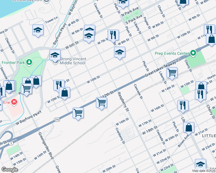 map of restaurants, bars, coffee shops, grocery stores, and more near 1125 West 11th Street in Erie