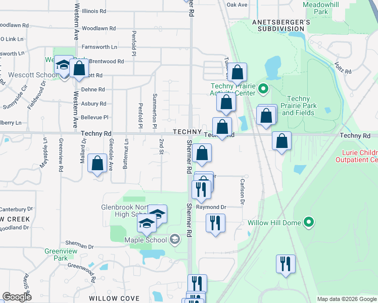 map of restaurants, bars, coffee shops, grocery stores, and more near 2000 Shermer Road in Northbrook