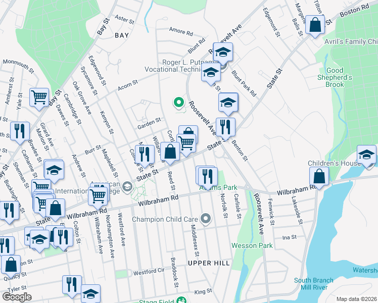 map of restaurants, bars, coffee shops, grocery stores, and more near 1142 State Street in Springfield