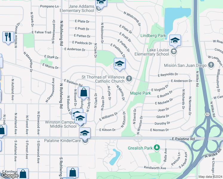 map of restaurants, bars, coffee shops, grocery stores, and more near 253 North Lytle Drive in Palatine