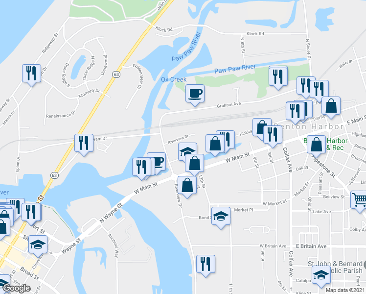 map of restaurants, bars, coffee shops, grocery stores, and more near 151 Riverview Drive in Benton Harbor