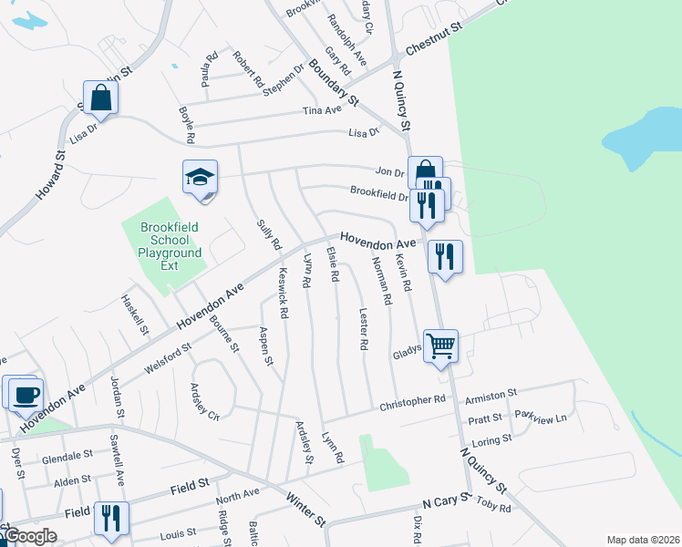 map of restaurants, bars, coffee shops, grocery stores, and more near 145 Elsie Road in Brockton