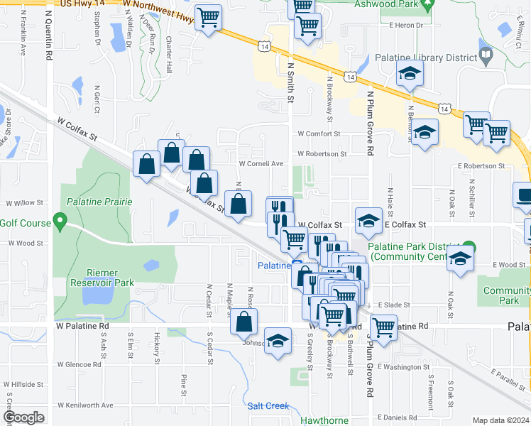 map of restaurants, bars, coffee shops, grocery stores, and more near 250 North Carter Street in Palatine