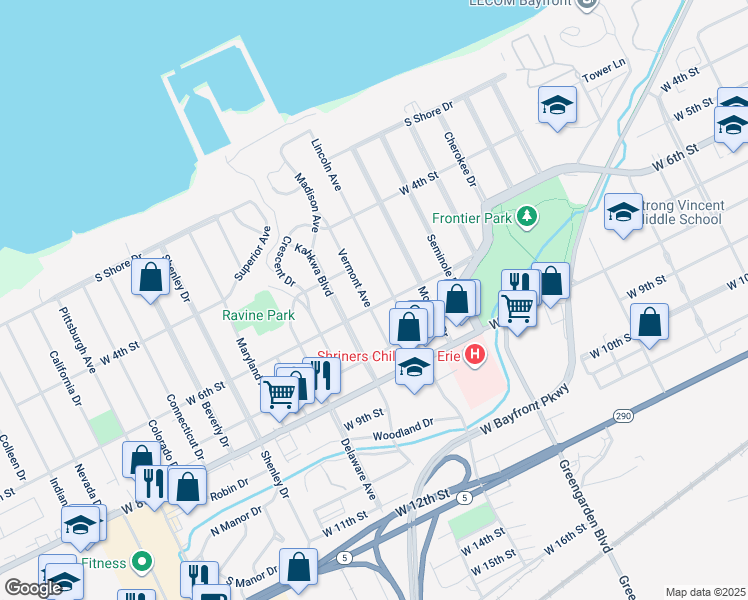 map of restaurants, bars, coffee shops, grocery stores, and more near 1724 West 6th Street in Erie