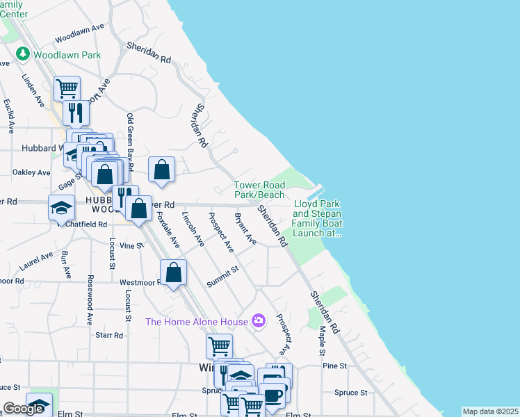 map of restaurants, bars, coffee shops, grocery stores, and more near 888 Sheridan Road in Winnetka