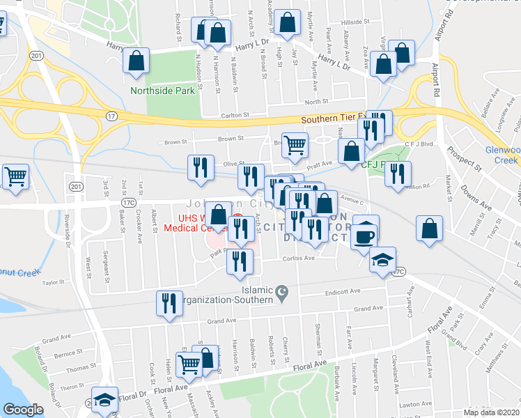 map of restaurants, bars, coffee shops, grocery stores, and more near 11 Arch Street in Johnson City