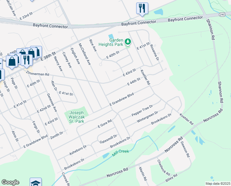 map of restaurants, bars, coffee shops, grocery stores, and more near 2335 East 44th Street in Erie