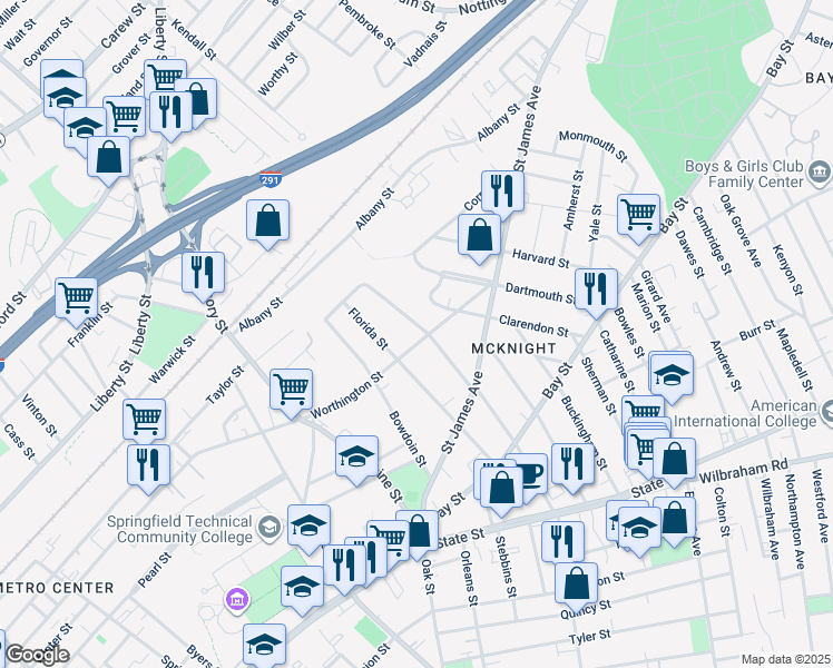 map of restaurants, bars, coffee shops, grocery stores, and more near 1104 Worthington Street in Springfield