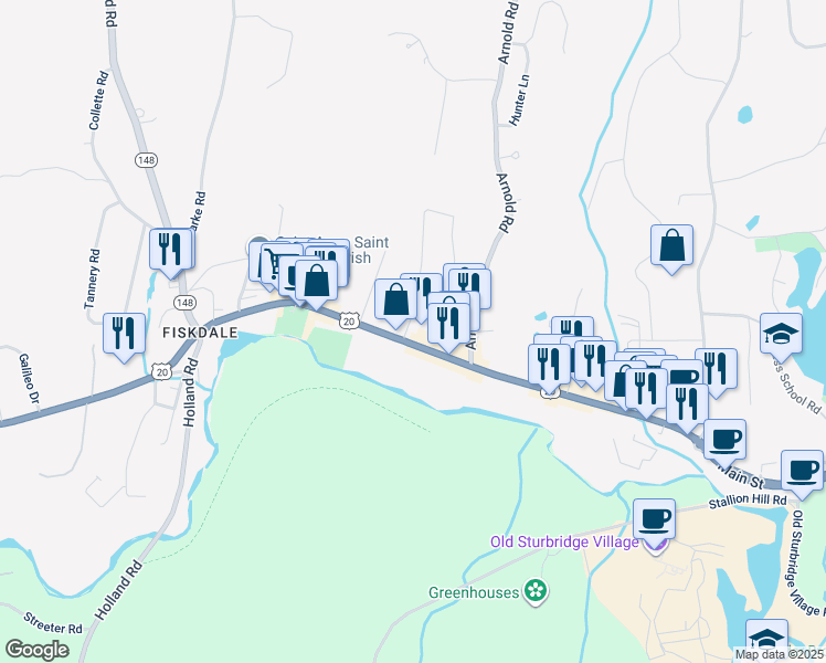 map of restaurants, bars, coffee shops, grocery stores, and more near 500 Main Street in Sturbridge