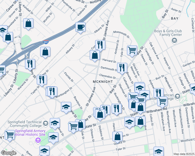 map of restaurants, bars, coffee shops, grocery stores, and more near in Springfield