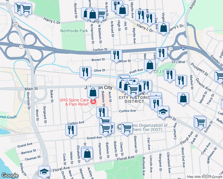 map of restaurants, bars, coffee shops, grocery stores, and more near 11 Arch Street in Johnson City