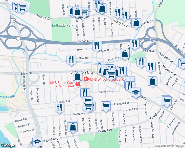 map of restaurants, bars, coffee shops, grocery stores, and more near 11 Arch Street in Johnson City