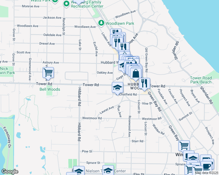 map of restaurants, bars, coffee shops, grocery stores, and more near 1144 Tower Road in Winnetka