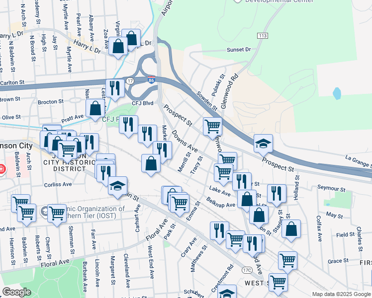 map of restaurants, bars, coffee shops, grocery stores, and more near 31 Downs Avenue in Binghamton