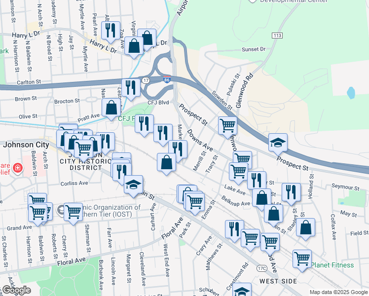 map of restaurants, bars, coffee shops, grocery stores, and more near 12 Market St in Binghamton