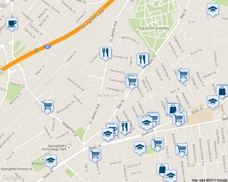 map of restaurants, bars, coffee shops, grocery stores, and more near 52 Clarendon St in Springfield