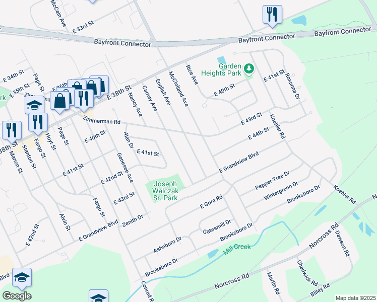 map of restaurants, bars, coffee shops, grocery stores, and more near 4310 English Ave in Erie