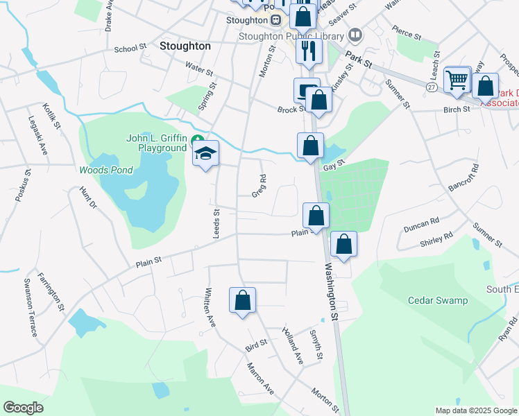 map of restaurants, bars, coffee shops, grocery stores, and more near 36 Rogers Dr in Stoughton
