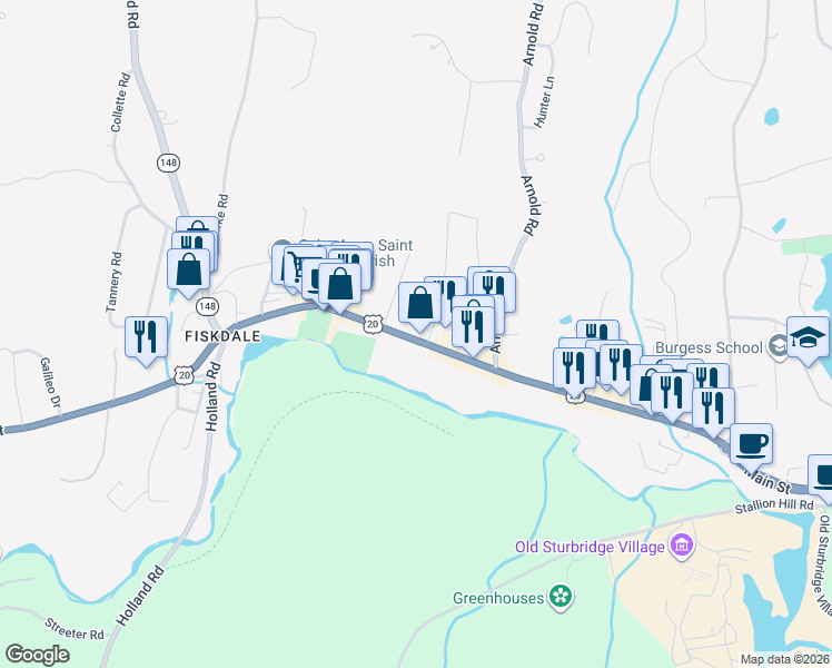 map of restaurants, bars, coffee shops, grocery stores, and more near 510 Main Street in Sturbridge
