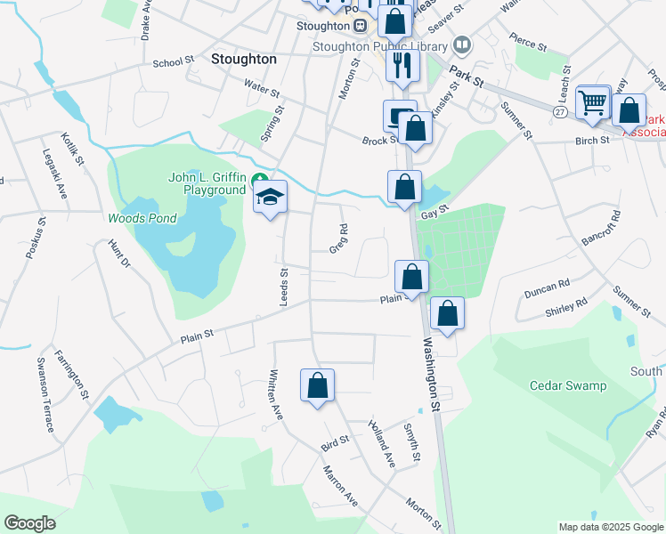 map of restaurants, bars, coffee shops, grocery stores, and more near 36 Rogers Drive in Stoughton