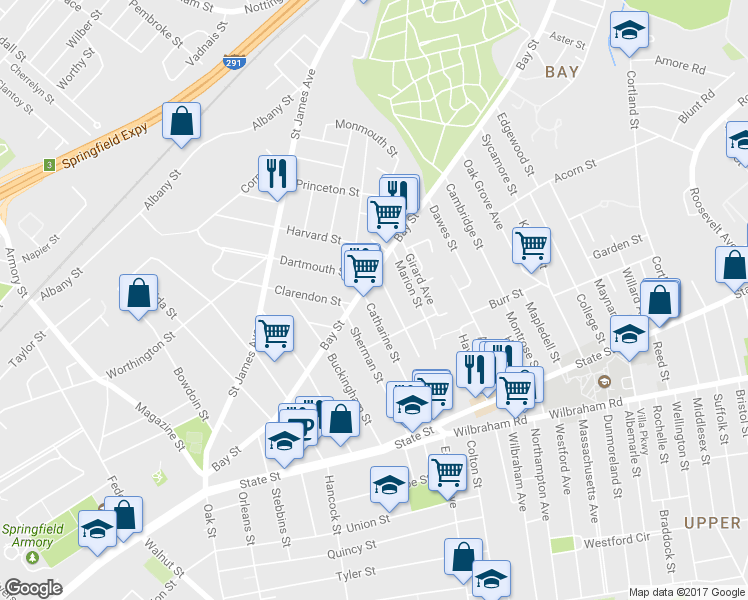 map of restaurants, bars, coffee shops, grocery stores, and more near 153 Catharine Street in Springfield
