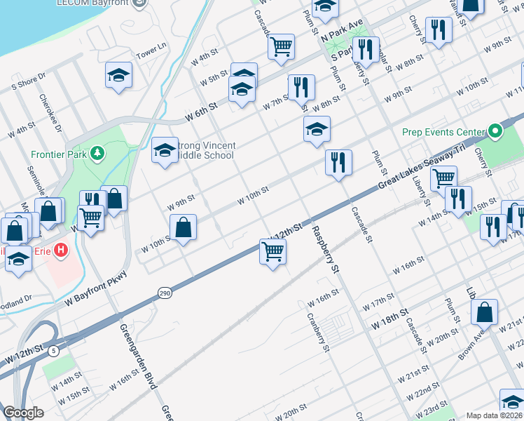 map of restaurants, bars, coffee shops, grocery stores, and more near 1025 Cranberry Street in Erie
