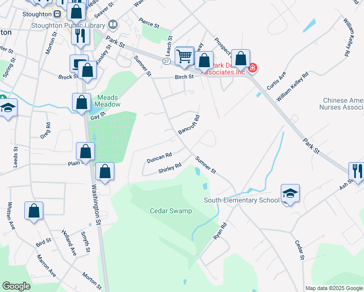 map of restaurants, bars, coffee shops, grocery stores, and more near 267 Sumner Street in Stoughton