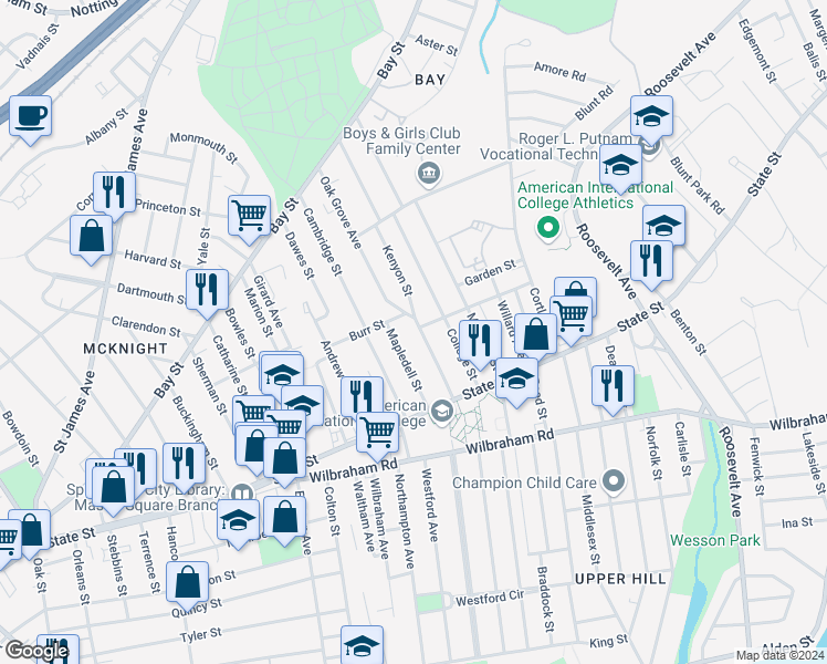 map of restaurants, bars, coffee shops, grocery stores, and more near 80 Oak Grove Avenue in Springfield