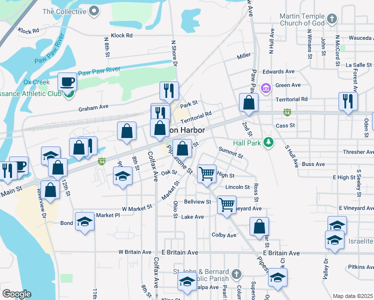map of restaurants, bars, coffee shops, grocery stores, and more near 213 East Wall Street in Benton Harbor