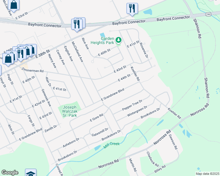 map of restaurants, bars, coffee shops, grocery stores, and more near 2335 East 44th Street in Erie