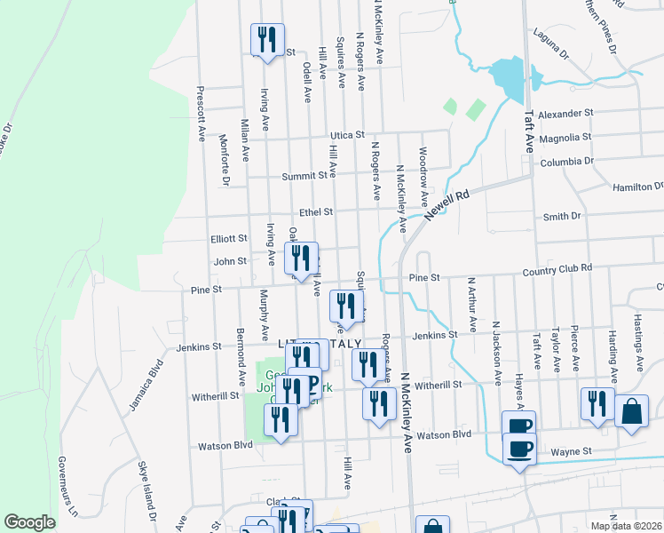 map of restaurants, bars, coffee shops, grocery stores, and more near 401 Hill Avenue in Endicott