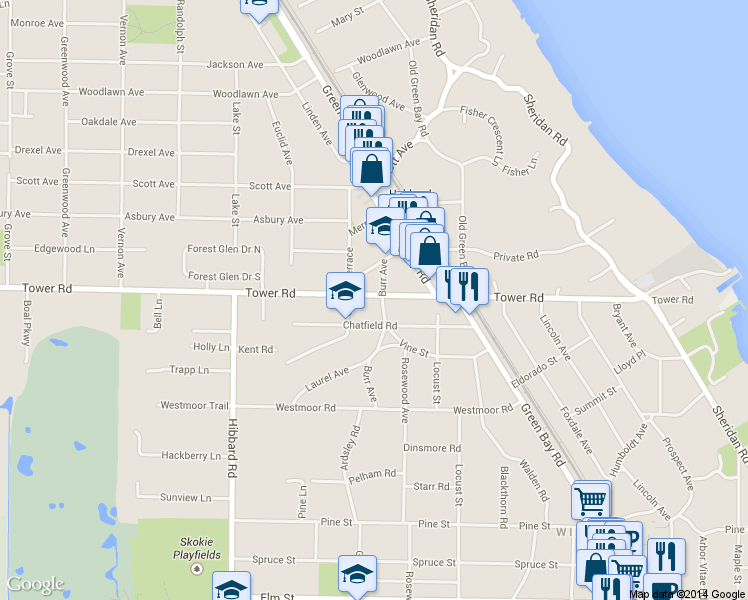 map of restaurants, bars, coffee shops, grocery stores, and more near 1100 Tower Rd in Winnetka